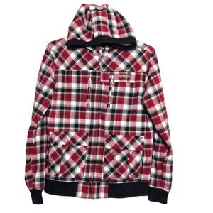 Mens Quiksilver Jacket Plaid Size Medium Full Zip Hood Red Black